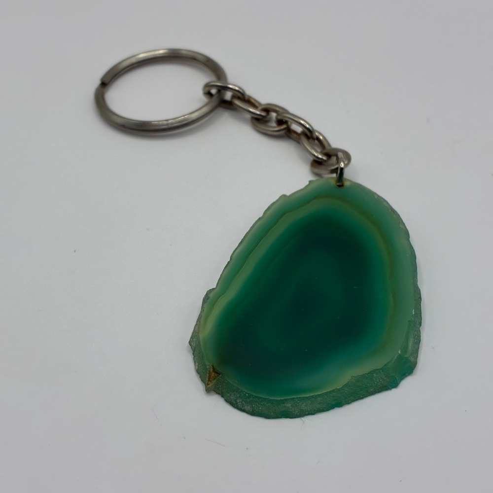 Green Agate Slice Keychain Natural Geode Stone Silver Tone Bag Charm Boho